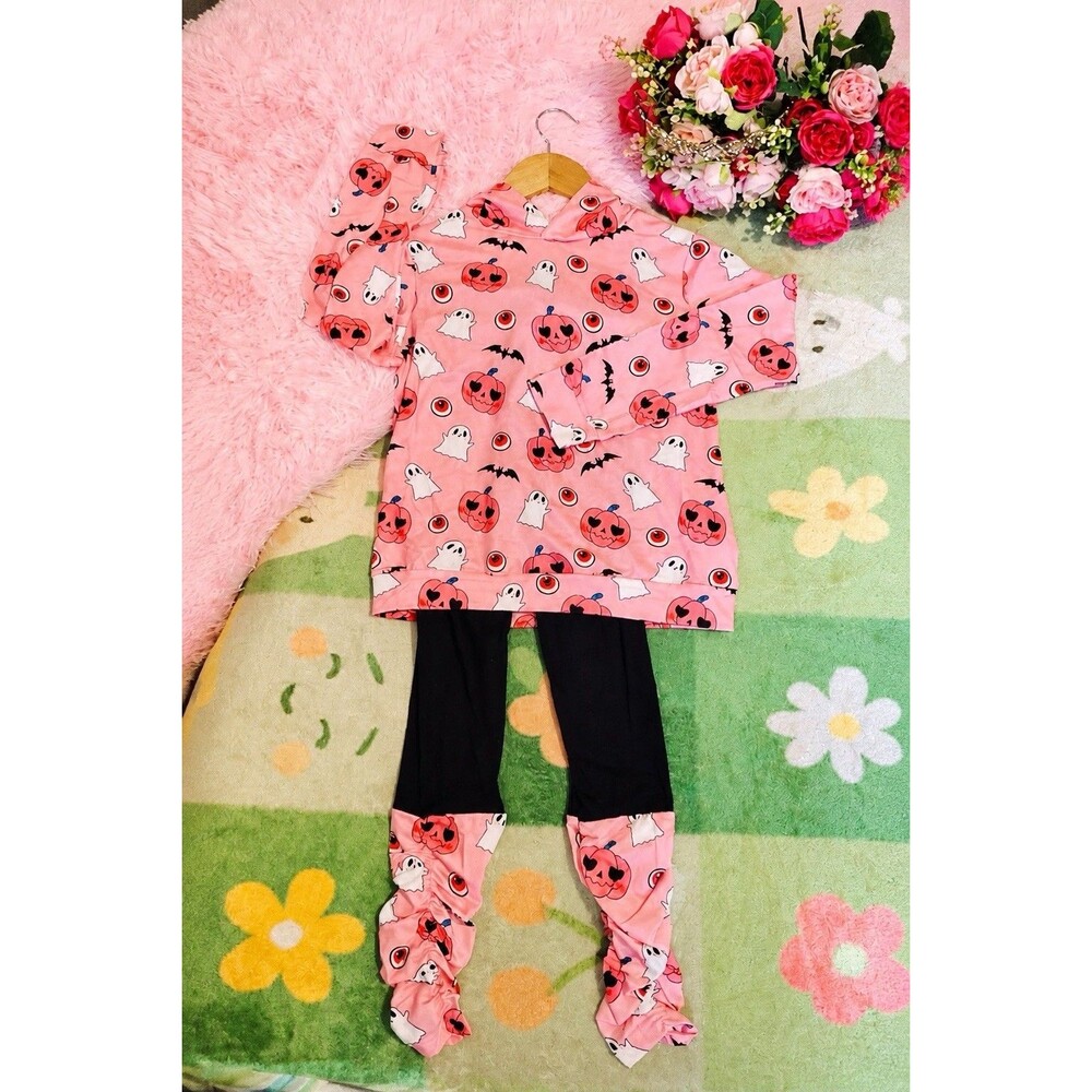 Girls Pink Halloween 2Pcs Outfit Pumpkin Hoodie & Stacked Pants Set